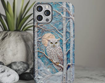 Snowy Owl Tough Phone Case, Winter Birch Forest Blue Gold Moon Design, Wildlife Nature Lover Unique Gift Idea Art