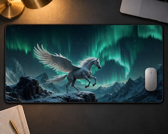 Pegasus Desk Mat, Northern Lights Mouse Pad, Fantasy Winged Horse Desk Pad, Aurora Borealis Gaming Mat, Mythical Celestial Office Decor