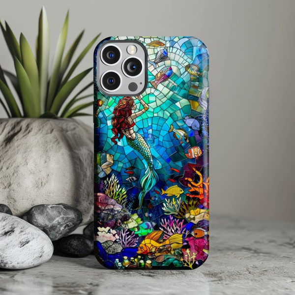 Stained Glass Mermaid Tough Phone Case, iPhone and Samsung Galaxy, Durable Polycarbonate Cover, Protective Unique Ocean Design