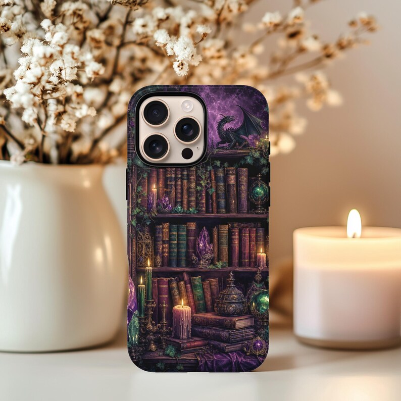 Phone case with a mystical library, dragon, and glowing crystals.