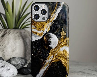 Gold and Black Celestial Abstract Moon Design, Tough Phonecase For iPhone, Galaxy or Pixel Phones, Stylish Lunar Design Gift