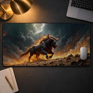 May include: A rectangular desk mat featuring a dark, muscular bull charging through a rocky landscape under a stormy sky filled with orange lightning and glowing embers. The scene depicts a dramatic, high-contrast environment with a powerful animal.