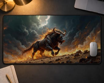Bull Gaming Desk Mat, Mythical Dark Fantasy Mouse Pad, Taurus Zodiac Desk Blotter, Epic Fiery Storm PC Gaming Decor, Gift for Him