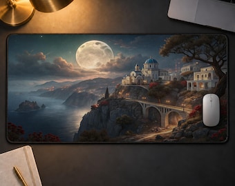 Santorini Night Desk Mat, Moonlit Mediterranean Mousepad, Aesthetic Fantasy Gaming Desk Pad, Large Extended Keyboard Mat Office Decor