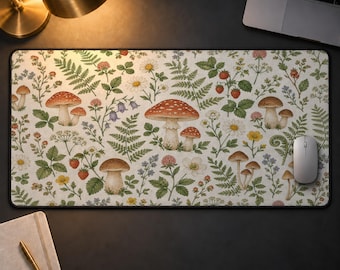 Cottagecore Mushroom Desk Mat, Vintage Botanical Mouse Pad, Woodland Forest Flora Extended Mousepad, Cozy Gamer Gift, Nature Desk Decor
