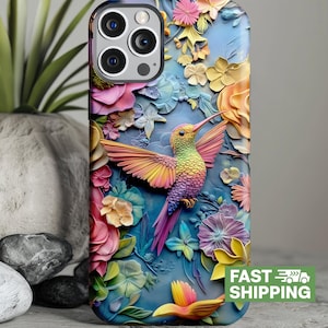 Robuste Handyhülle mit buntem Blumenmuster, Kolibri für iPhone Samsung Galaxy Google Pixel, lebendiges 3D-Blumen-Design