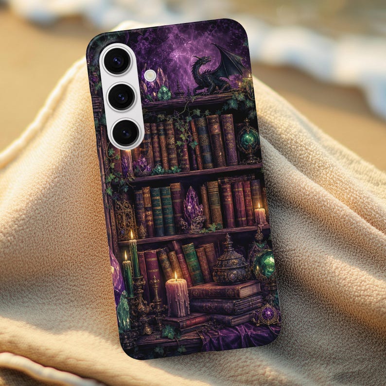 Phone case with a dark fantasy bookshelf, dragon, and crystals on purple background.