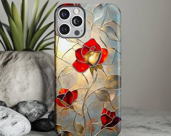 Delicate Rose Floral Stained Glass Inspired Art Tough Phone Case, Best Gifts For Her, Best Gifts For Him, Cute Phone Case, Custom Phone Case
