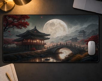 Japanese Pagoda Desk Mat Full Moon Landscape Extended Mouse Pad Cozy Asian Fantasy Temple Bridge Large Gaming Desk Pad Aesthetic Setup Decor