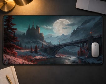 Gothic Castle Desk Mat, Fantasy Winter Landscape Mouse Pad, Dark Academia Full Moon Gaming Mat, Aesthetic RPG Keyboard Pad Desk Decor