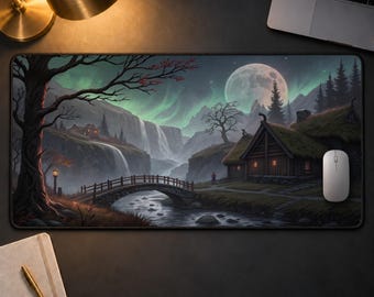 Northern Lights Desk Mat, Fantasy Gaming Mousepad, Nordic Mountain Landscape Desk Pad, Aurora Borealis Gamer Setup Decor, Gift for Him