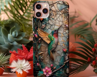 Robuust telefoonhoesje met kolibrieontwerp voor iPhone-, Galaxy- en pixeltelefoons, cadeau voor vogelliefhebbers, mozaïek, glas-in-loodstijl artistiek telefoonhoesje