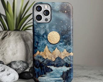 Mosaic Starry Night Mountain Landscape, Tough Phone Case for iPhone Samsung Google, Stunning Nature Art, Protective Polycarbonate Shell
