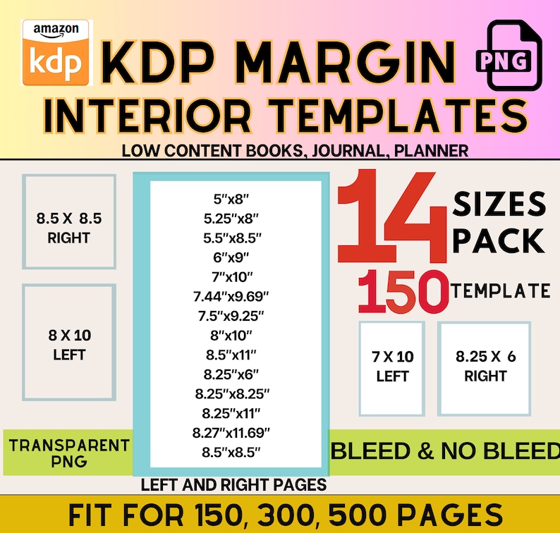 14 Sizes KDP Interior Templates for Margins 5 X 8 to 8.25 X 11 , No