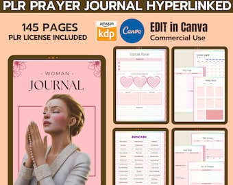 PLR Prayer Journal Hyperlinked Canva Journal Template for women Bible Study Guide Prompts Gratitude Scripture Devotional Faith Christian KDP