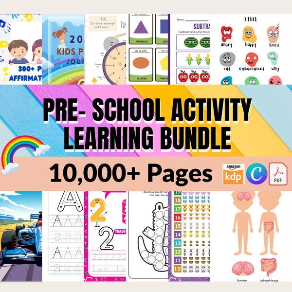 PLR Preschool Kindergarten 10000+ Pacchetto apprendimento KDP, Fogli di lavoro attività, Alfabeto, Numeri, Forme, Colore, Matematica, Gioco da colorare stampabile