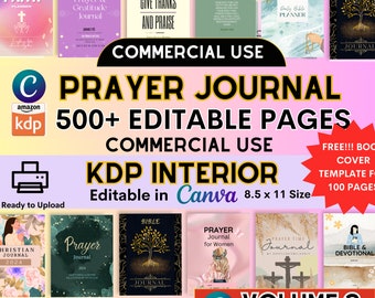 Prayer Journal KDP PLR Planner, 500+ Bible Study Guide, Gratitude Fait Scripture Editable Canva Journal Template prompts MRR Commercial Use