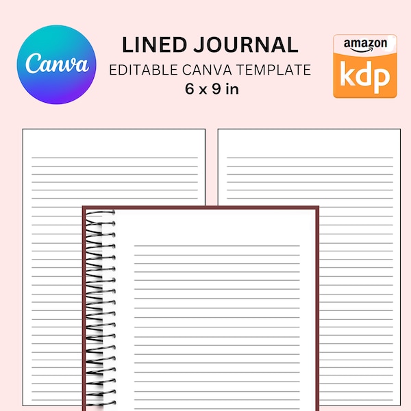 Canva Editable Lined Page Journal Commercial Use, Canva KDP Template for journals, Notebooks, Diaries, Low Content book