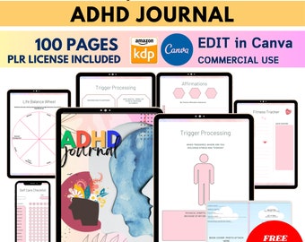 MRR Plr Adhd Planner, KDP Interior, Canva personalizzabile, Salute mentale, Affermazione fatta per te, PLR Digital Planner Rivendi, Uso commerciale