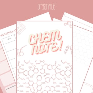May include: A digital study pack for organic chemistry featuring a cover page with the text CHEM NOTE! and various chemical structure diagrams. The set includes additional pages with tables for nomenclature and hexagonal grid paper in a soft pink colour.