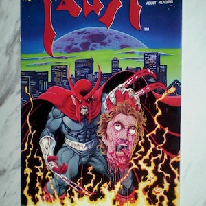 May include: A comic book cover titled "Faust" by Quinn-Vigil. The artwork features a demonic figure with a red cape and horns, holding a severed head. The background includes a cityscape and a fiery design.