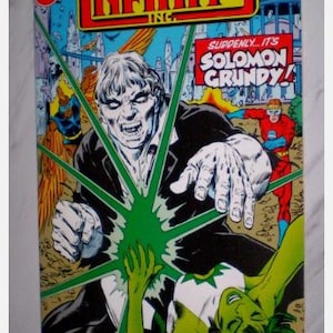 May include: A comic book cover for "Infinity Inc." features a menacing figure with a green energy blast. The cover includes the text "Crisis Cross Over" and "Suddenly... It's Solomon Grundy!" with the DC Comics logo.
