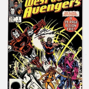 May include: Comic book cover for "The West Coast Avengers" featuring several costumed superheroes in action poses. The cover is black with yellow and red text and illustrations. The Marvel logo is in the upper left corner.