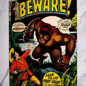 May include: Vintage Marvel Comics Group comic book cover. The cover features a menacing werewolf attacking a man with a rifle. Bold text reads "BEWARE!" and "The Monsters Are Coming!" The comic is a "Fear-Filled First Issue!"