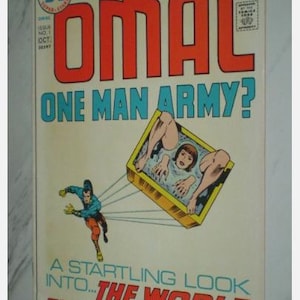 May include: Vintage comic book cover for OMAC, featuring bold red and blue lettering. The cover art depicts a superhero and a person in a box. The comic is labeled as issue number 1 and priced at 20 cents.