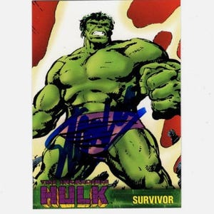 May include: A trading card featuring the Incredible Hulk in a dynamic pose. The Hulk is depicted with green skin, purple shorts, and a fierce expression. The card has a red and yellow background with the text "THE INCREDIBLE HULK" and "SURVIVOR".