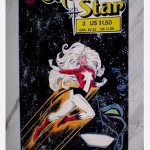 May include: Comic book cover for "Shadow Star" issue 3. The artwork features a female superhero with white hair and a red and white costume, flying through space. The title is in yellow, and the background is black with stars.