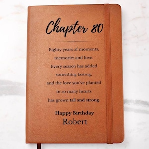 Puede incluir: Un cuaderno de color tostado con una banda elástica vertical. La cubierta presenta el texto en negro: Chapter 80, Eighty years of moments, memories and love. Every season has added something lasting, and the love you've planted in so many hearts has grown tall and strong. Happy Birthday Robert.