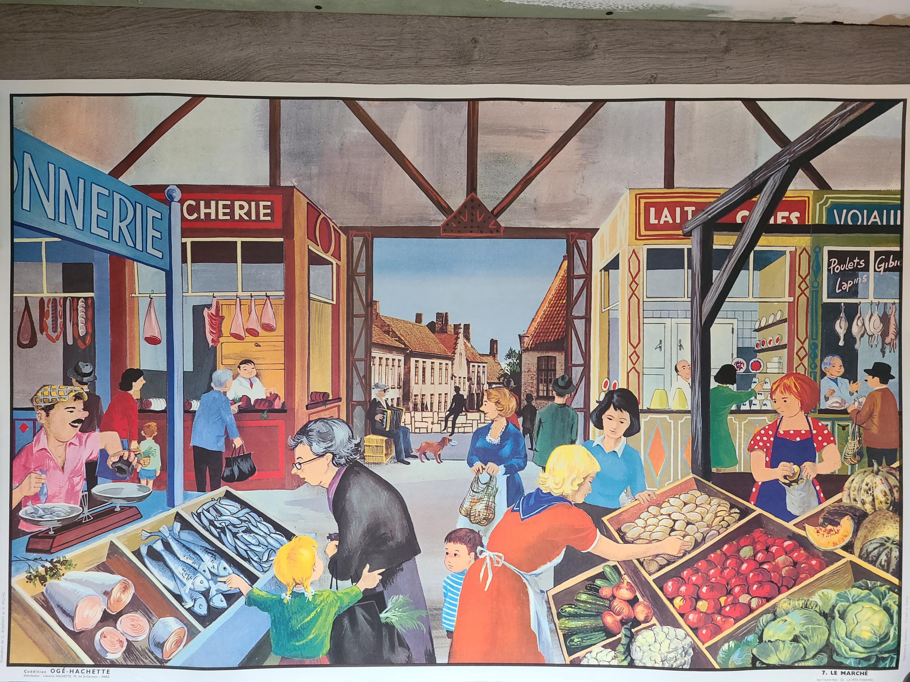 ancienne affiche scolaire rossignol battage blés maraichère fruits