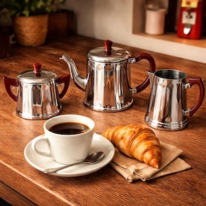Puede incluir: Un juego de café de acero inoxidable pulido con detalles en rojo, que incluye una tetera, una jarra de crema y un azucarero. Una taza de café blanca con café oscuro, una cuchara y un cruasán sobre una mesa de madera.