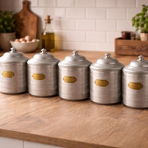 Juego de 5 tarros de aluminio vintage: achicoria, azúcar, sal, té y especias. Francia, años 50. Decoración de cocina vintage.