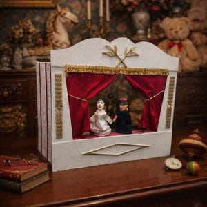 Antique 1940s Guignol Theatre – Wooden puppet theater with satin curtains and vintage papier-mâché glove puppets