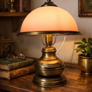 Peut inclure: Lampe de bureau en laiton de style vintage avec un abat-jour en verre dépoli en forme de dôme. La base de la lampe porte l'inscription "SCOTT & MINTER 1889". Sur une surface en bois, avec des livres et des lunettes.