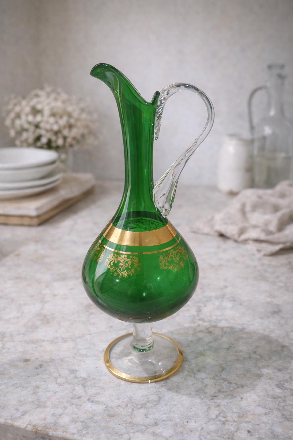Ancienne Carafe Émaillée En Verre Soufflé – Dorure Vintage, 26,7 Cm