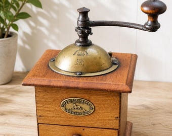 Antique Peugeot Frères coffee grinder in wood and brass – Vintage French manual grinder – Early 20th century
