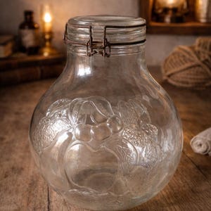 Vintage glazen pot, gedecoreerd en geblazen, van het bedrijf Rumtopf.