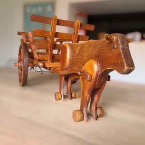 Handcrafted wooden ox cart - 80 cm - Rustic decorative object - wooden toy.