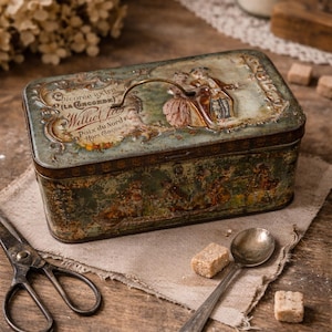 Caja de achicoria antigua Williot Fils La Concorde – Poix du Nord – hierro litografiado de finales del siglo XIX – decoración galante con querubín