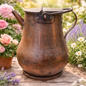 Grand coquemar en cuivre XIXe – bouilloire ancienne, déco cuisine rustique