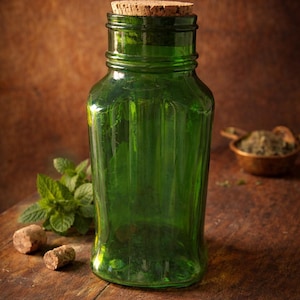 Könnte beinhalten: Ein grünes Glasgefäß mit Korken auf einer Holzoberfläche. Frische Minzblätter und kleine Korkstücke liegen neben dem Gefäß. Im Hintergrund befindet sich ein kleiner Kupferlöffel mit getrockneten Kräutern.