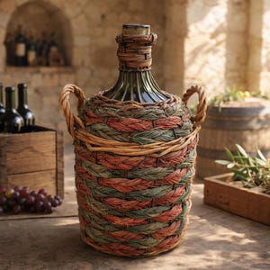 Dame-jeanne ancienne 1920 – Verre soufflé vert – 6 litres – Habillage osier polychrome – Bonbonne vintage - Demijohn