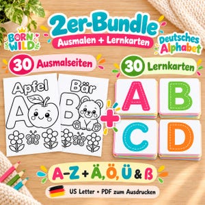 Alphabet Bundle Vorschule PDF, 30 ABC Malvorlagen & Lernkarten Nachspuren A4, Deutsches ABC mit Umlauten Download