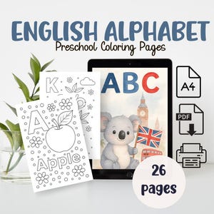 Dibujos para colorear del alfabeto A-Z: Letras en inglés para colorear para niños / Divertidas hojas de trabajo del abecedario en PDF / Actividad de aprendizaje imprimible
