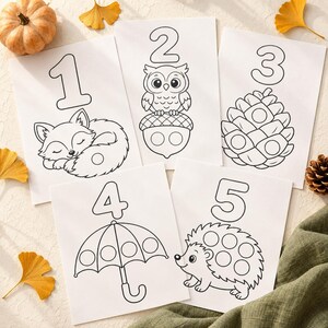 Toddler Counting Numbers 1-5 Sheets | Fall Math Dot Marker Coloring Pages | Preschool Autumn Worksheets PDF Download