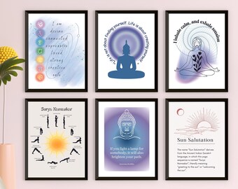 Yoga poster set of 6, Buddha Quote poster, Inhale, Exhale wall art, sun salutation Yoga poses, Inspirational Wall Art, Poster bundle, gifts.