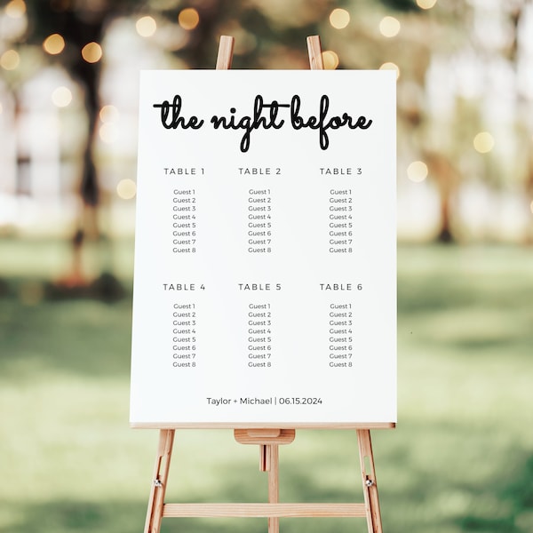 Rehearsal Dinner Seating Chart, The Night Before, Minimalist Rehearsal Dinner, Printable Template, Instant Download